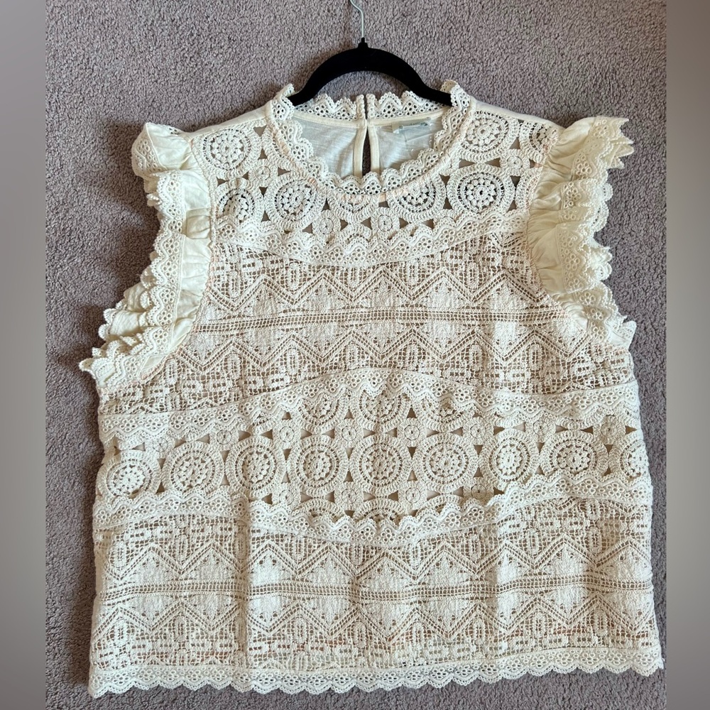 Sundance Cream Lace Boho Top Crochet Flutter Sleeve Size XXL Romantic Blouse